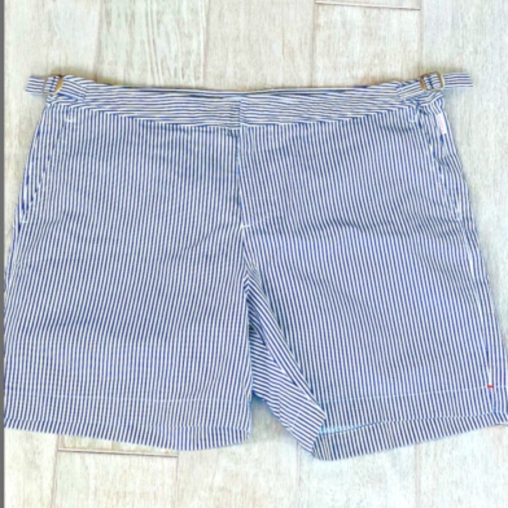 ORLEBAR BROWN "Bulldog" Blue & White Seersucker Swim Trunks  Size: 34